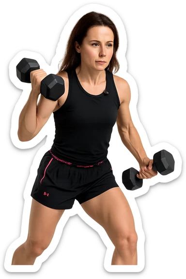 Allenamento ad alta intensità donna mentre fa pesi con in mano due manubri sticker