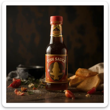 realistic fish sauce bottle, clear label, glass bottle, amber liquid, condensation, appetizing look sticker