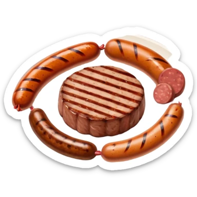 Meat dishes avatar in clean emoji-style illustration. Steak, roasted meat, and sausages, rich brown and red tones, simple shapes, flat design, hearty and appetizing. sticker
