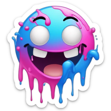 one cartoon smiley face in blue and pink tones, paint dripping down it, he smiles, waves his hands, excellent, illustration, vector, high detail, realistic, transparent background sticker