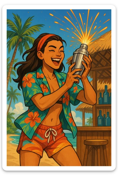 human female Unbuttoned Hawaiian shirt, swim trunks, shaking a cocktail shaker (sparks flying) sticker