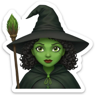 elphaba wicked witch with broom close up, evil dark curly hair, green skin, thick lips, cheekbones, smirk evil menacing cythia erivo dark aesthetic black hat cloak  sticker
