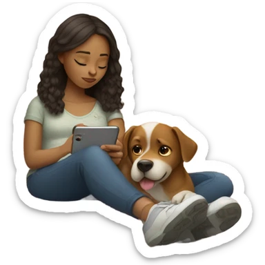 Girl laying on coach while looking at phone with dog on lap sticker