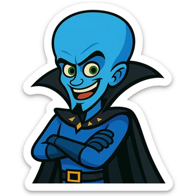 megalomaniac blue alien with a large head, inspired by Megamind, vibrant cartoon style sticker
