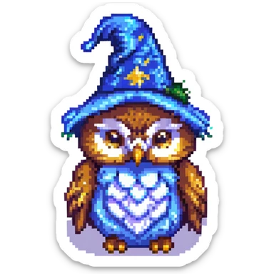 owl wearing a starry wizard hat in pixel art style sticker