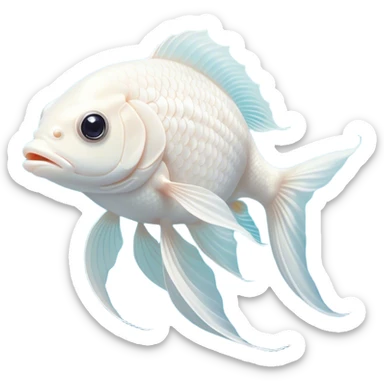 Cinematic Noble White Goldfish Portrait Emoji, Poised and regal, with a sleek, streamlined build and a luminous, pure white body, deep-set soulful pale eyes, Simplified yet sharp and sophisticated features, highly detailed, glowing with a soft, dignified glow, high shine, intelligent and graceful, stylized with an air of aquatic purity, focused and attentive, soft glowing outline, capturing the essence of a watchful and confident aquatic companion, so majestic it feels as though it could glide out of the screen with effortless authority! sticker