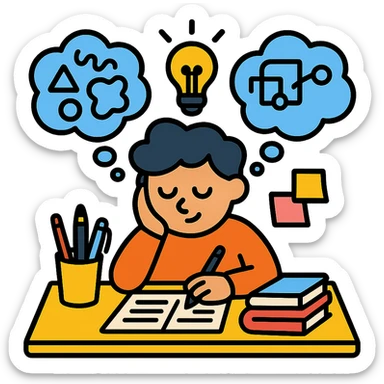 creative thinker in a cozy workspace, thought bubbles filled with abstract ideas and sketches, illuminated by a bright light bulb, surrounded by pens, sticky notes, and books, color outline icon style, 4:5 aspect ratio sticker