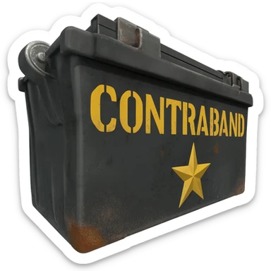 black military ammo box view from 35 degres with a  big yellow text on it "CONTRABAND"  add alot of details like a military star, scracths etc sticker