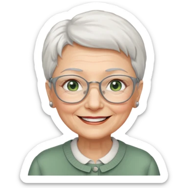 Create me emoji of an old lady. Short white hair to left side. Square glasses. Gray-green eyes. Big smile. sticker