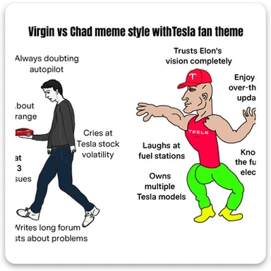 make virgin vs chad meme on tesla fan in above style  sticker