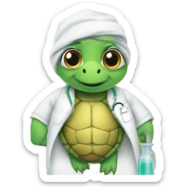 Turtle wearing white lab coat in lab with vials around it sticker