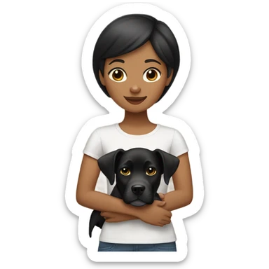 tan girl with short straight black hair holds her black Labrador and pitbull mix dog sticker