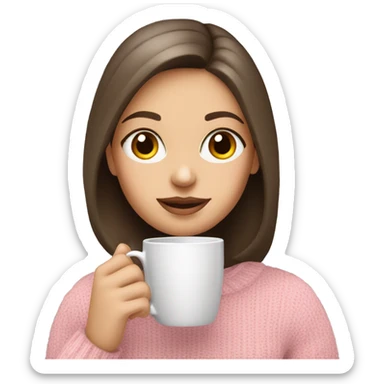 a white brunette girl drinking coffee wearing baby pink sweater  sticker