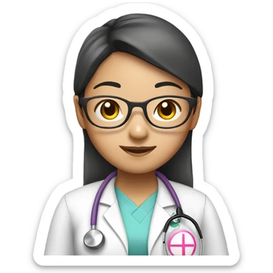 Asian girl with round glasses, wearing a pink nurse uniform (scrub) with a stethoscope sticker