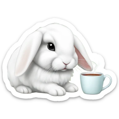 White mini lop rabbit drinking tea from a mug sticker