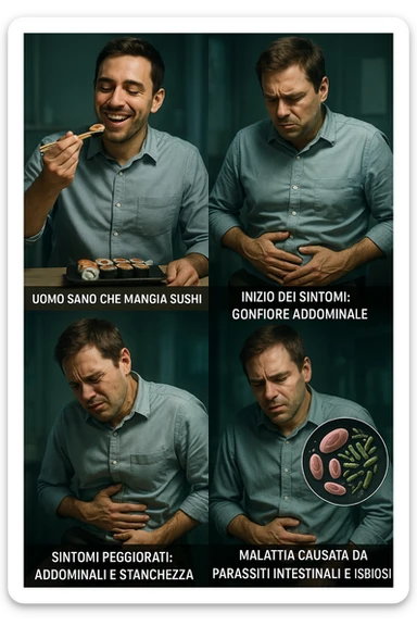 Illustrazione verticale realistica in italiano che mostra la progressione in più fasi da uomo sano che mangia sushi a uomo con sintomi di malattia causati da parassiti intestinali e disbiosi. Atmosfera clinica con luci drammatiche, didascalie in italiano, formato 2:3. sticker