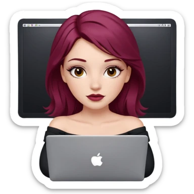white girl, long blow-out style with middle part, burgundy hair, brown eyes, long eyelashes, full lips, off the shoulder black fitted top, laptop in front  sticker