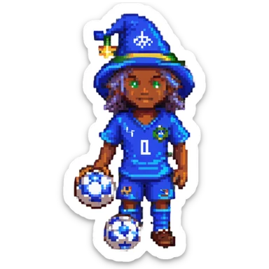 pixel art of a Brazilian soccer player with wizard elements, such as a hat or magic effects sticker