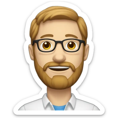 man with short light brown hair, beard and mustache and glasses, blue eyes with hand like sticker