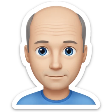 Middle aged man with black-greyish receding hairline, some hair on top, small blue eyes, clear face, shy smile sticker