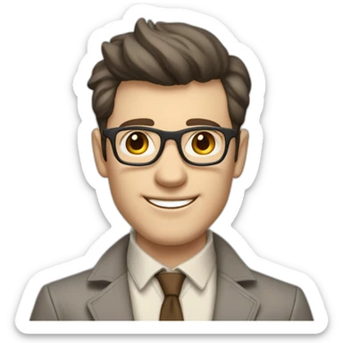 Joyful Full height Pale skinned Fit Man With dark brown hair in gray jacket, beige office shirt, Brown pants and vintage glasses. His thrumbs up sticker