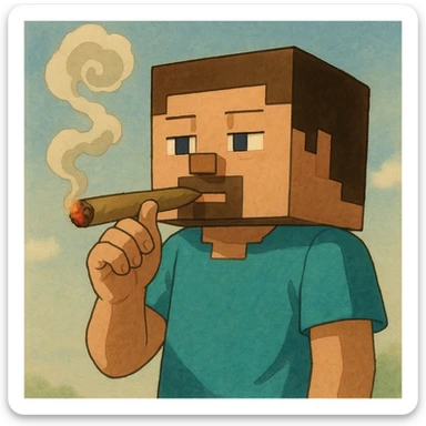 minecraft steve character holding and smoking a blunt, ghibli style, simple background sticker
