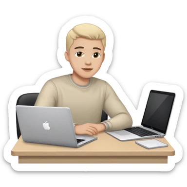 a man in his 20's is sitting at his desk with a laptop sticker