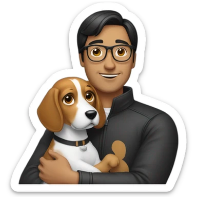 A man with black-hair and glasses hugging a beagle sticker