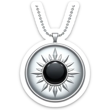 onyx pendant with mirror-like surface, suspended from a shimmering silver chain, radiating quiet magic sticker