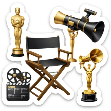 Professional icon for Directing: a collage featuring a director's chair, a film camera, a megaphone and an Oscar trophy. The icon should represent the craft and creativity of film directing, with emphasis on leadership and cinematic artistry. Transparent background. sticker