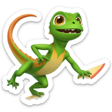 Create an image of a lizard 🦎 riding on a surfboard 🏄 in the ocean 🌊. The lizard should look like it's having fun, with a cool and playful vibe sticker