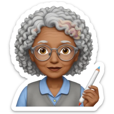 old woman teacher, brown skin, curly grey white hai, wearing glasses, hold chalk on hand sticker