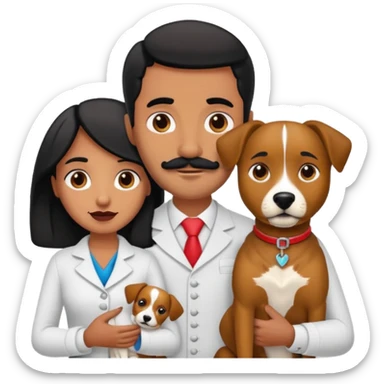 Pareja de novios, pelo negro ambos, y con dos perritos pincher en brazos, el hombre sin bigote y la mujer con pelo largo sticker