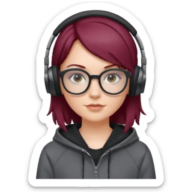 white girl with burgundy hair, gray squared-glasses, black deportive hoodie and black headphones sticker