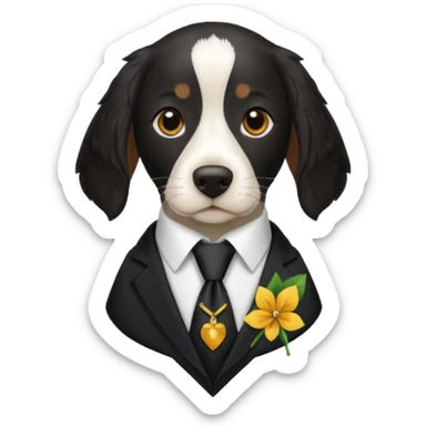 Un Springer allemand noir en costard-cravate et dans la petite poche du costard il y a un trèfle à quatre feuilles sticker