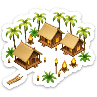 glowing tropical beach / resort in airbnb style isometric sticker
