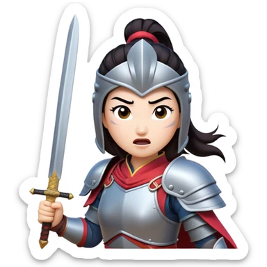 Cinematic Funny Mulan Portrait Emoji, Wearing her training armor too big, looking surprised as a sword nearly topples her over, a mix of warrior determination and hilarious inexperience, a comical yet endearing moment in her transformation! sticker