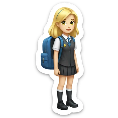 blue eyed, blonde hair white young girl wearing a private school uniform and a yellow backpack full body sticker