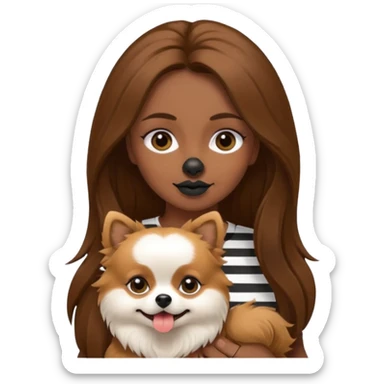 Create an emoji-style illustration of a woman with long brown hair holding one Pomeranian dog. The dog has a black face with a white stripe running down the middle of its nose and mouth. sticker