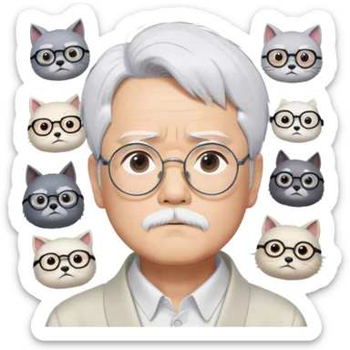 ​Cinematic Realistic Portrait of Hayao Miyazaki, depicted with striking white hair, defined black eyebrows, and large rectangular glasses, his thoughtful expression rendered in lifelike detail against a background of whimsical Studio Ghibli-inspired sketches, illuminated with soft, realistic lighting that emphasizes his creative genius, sticker