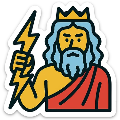 A detailed illustration of Zeus, the Greek god, with his beard, long curly hair, and regal attire, holding a lightning bolt sticker
