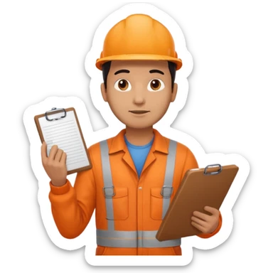 Indian male railway engineer orange overalls, boots holding a clipboard back of head sticker