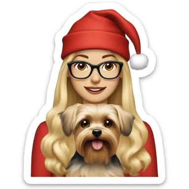 Beautiful woman with long blonde hair and black glasses wearing a red santa hat holding Yorkshire terrier sticker