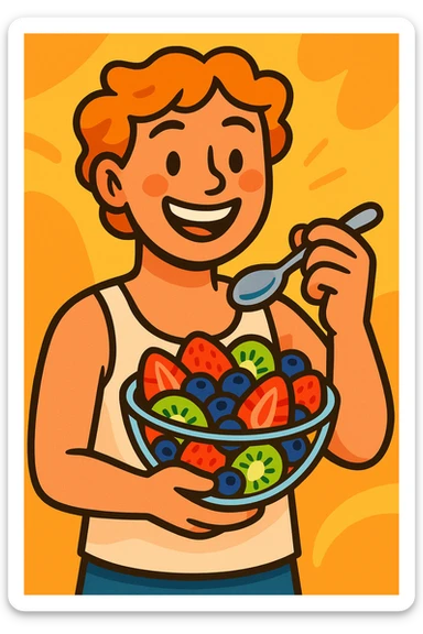 A cheerful person holding a glass bowl of colorful fruit salad with vibrant pieces of strawberries, kiwis, and blueberries visible. The person is wearing a casual, light-colored tank top and has a friendly, bright smile as they prepare to take a bite with a spoon. sticker