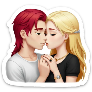 couple kissing, girl with long cherry red hair, blonde eyebrows, gold jewelry, boy with SHORT PURE WHITE hair like snow, dark t-shirt, silver ring with black stone sticker