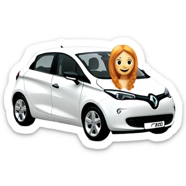 A white Renault Zoe car with a ginger girl next to it being happy  sticker
