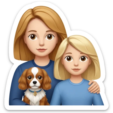 Make a picture of a mother, daughter and dog. Mother has short hair. Daughter has long hair. Dog is a King Charles Spaniel. sticker