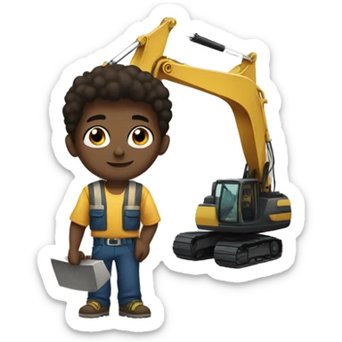 brunette boy with black eyes holding an excavator sticker