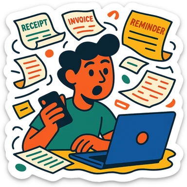 person holding a phone in one hand, laptop open in front, storm of receipts, invoices, and reminders swirling around, multitasking chaos sticker