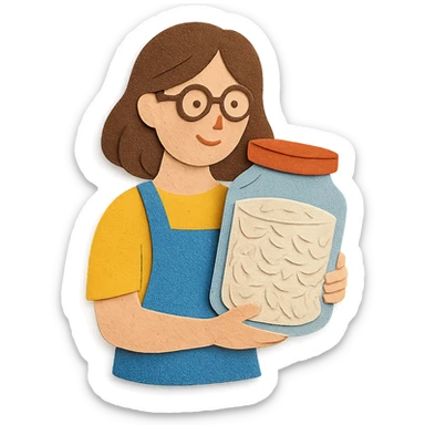 designer woman with brown hair holding a big glass jar of rice in paper craft style sticker